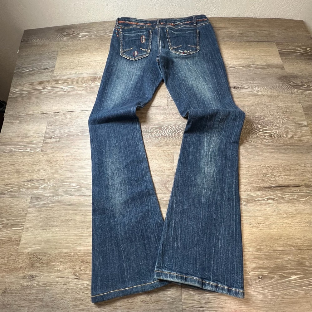 Vanilla Star Flare Jeans Women 9 Blue Embroidered Distressed Low Rise Boho Y2K